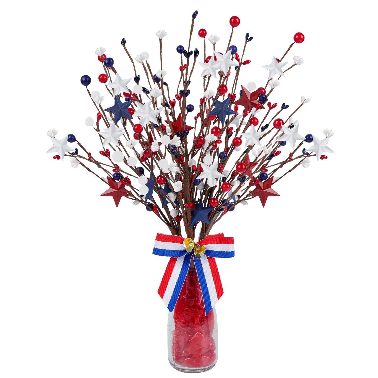 4 Pack Patriotic Artificial Berry Stem Picks White Blue Red Stars for 4th of July Independence Day, Pentagram Faux Berry Branches Decoration for Home Office Restaurant Vase Décor